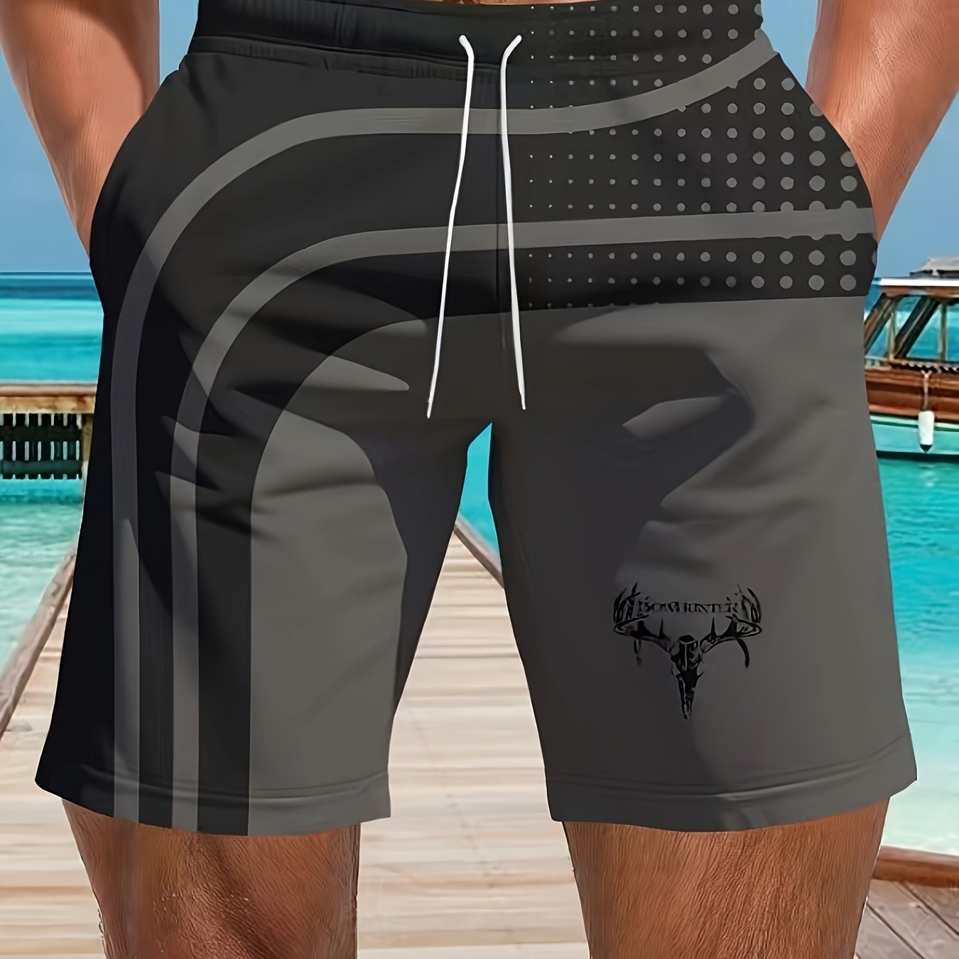 Image of Men's Fashion Trendy Patterned Shorts With Pockets, Casual Breathable Elastic Waist Drawstring Shorts, Suitable For Outdoor