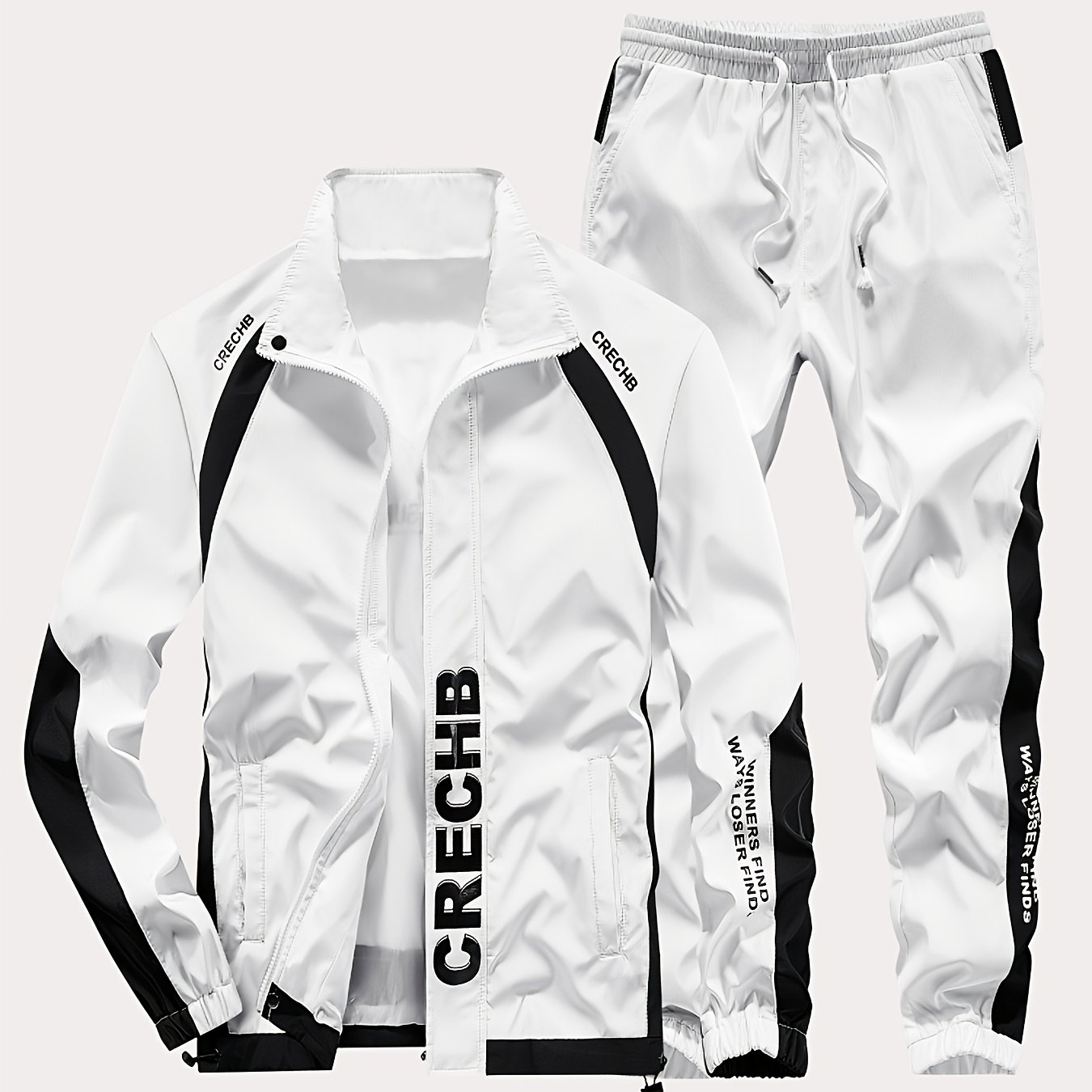 TEMU Unisex Tracksuit Set Black White Colorblock Stand Collar Zip-up Jacket And Side Stripe Pants Casual Running Gym Outfit For Golf Fishing Hunting