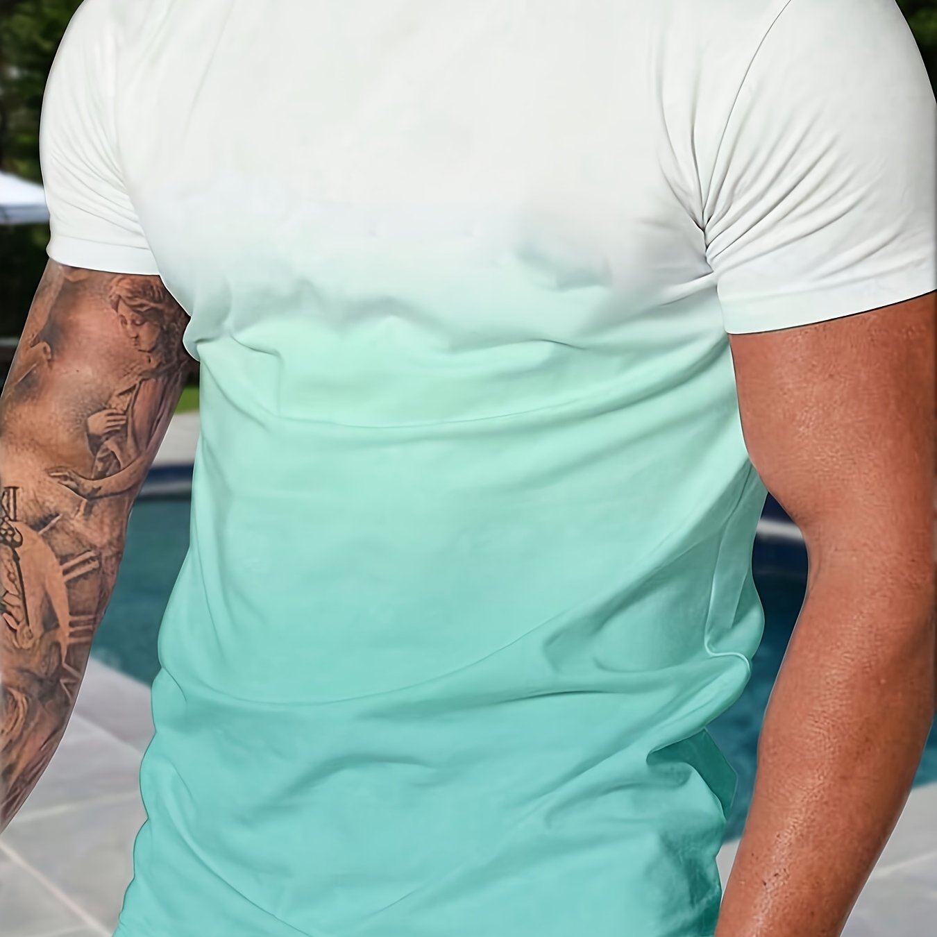 Image of Men's Spring, Summer, And Autumn Gradient Color Casual Comfortable Short-sleeve Crew Neck Drop Shoulder T-shirt, Suitable For Casual And Holidays, 100% Polyester, Machine Washable, Not Dry . 3124