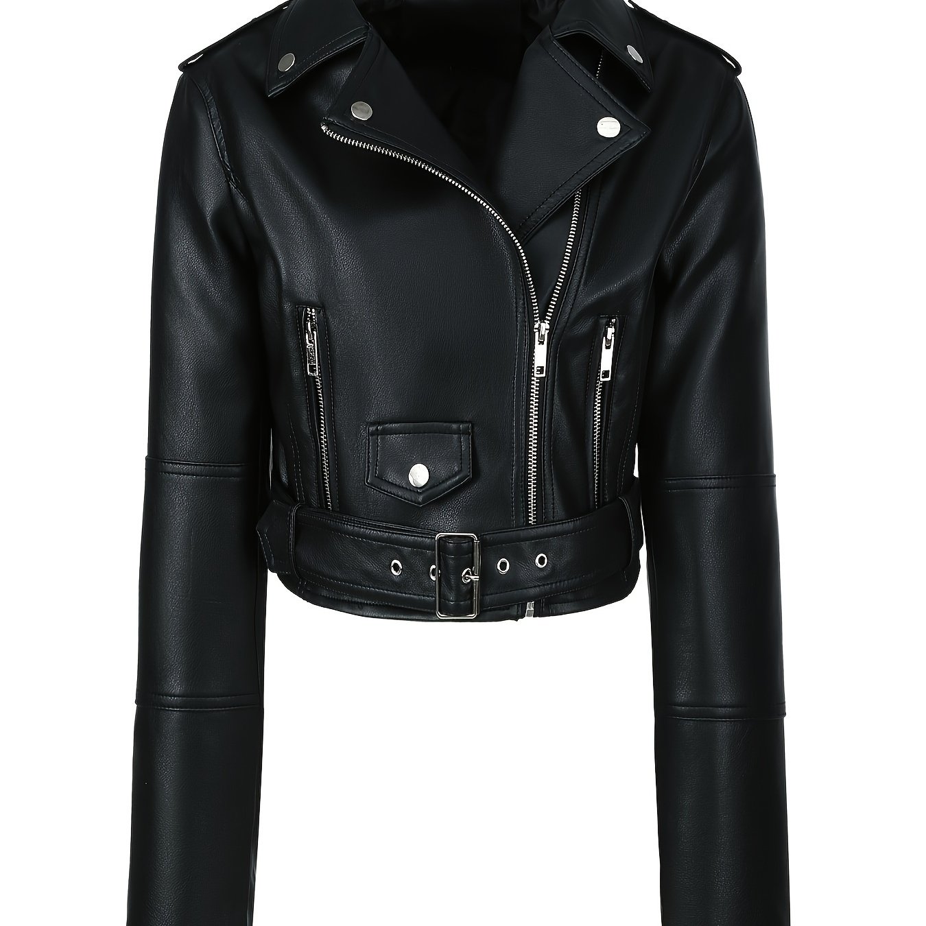 E-shop Einfarbige Jacke im Biker-Stil, Frühlings-/Herbst-Revers-Reißverschlussjacke, lässige langärmlige Oberbekleidung, Damenjacke, Damenmantel