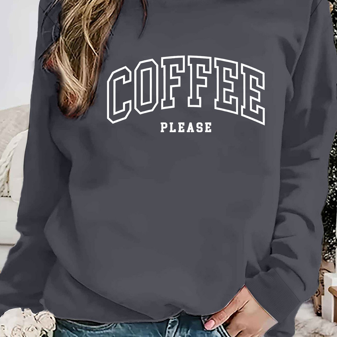 TEMU Plus Size, Coffee Letter Print Large Size Ladies Round Neck Sweater, Autumn And Winter New Women's Versatile Fashion Padded Sweater