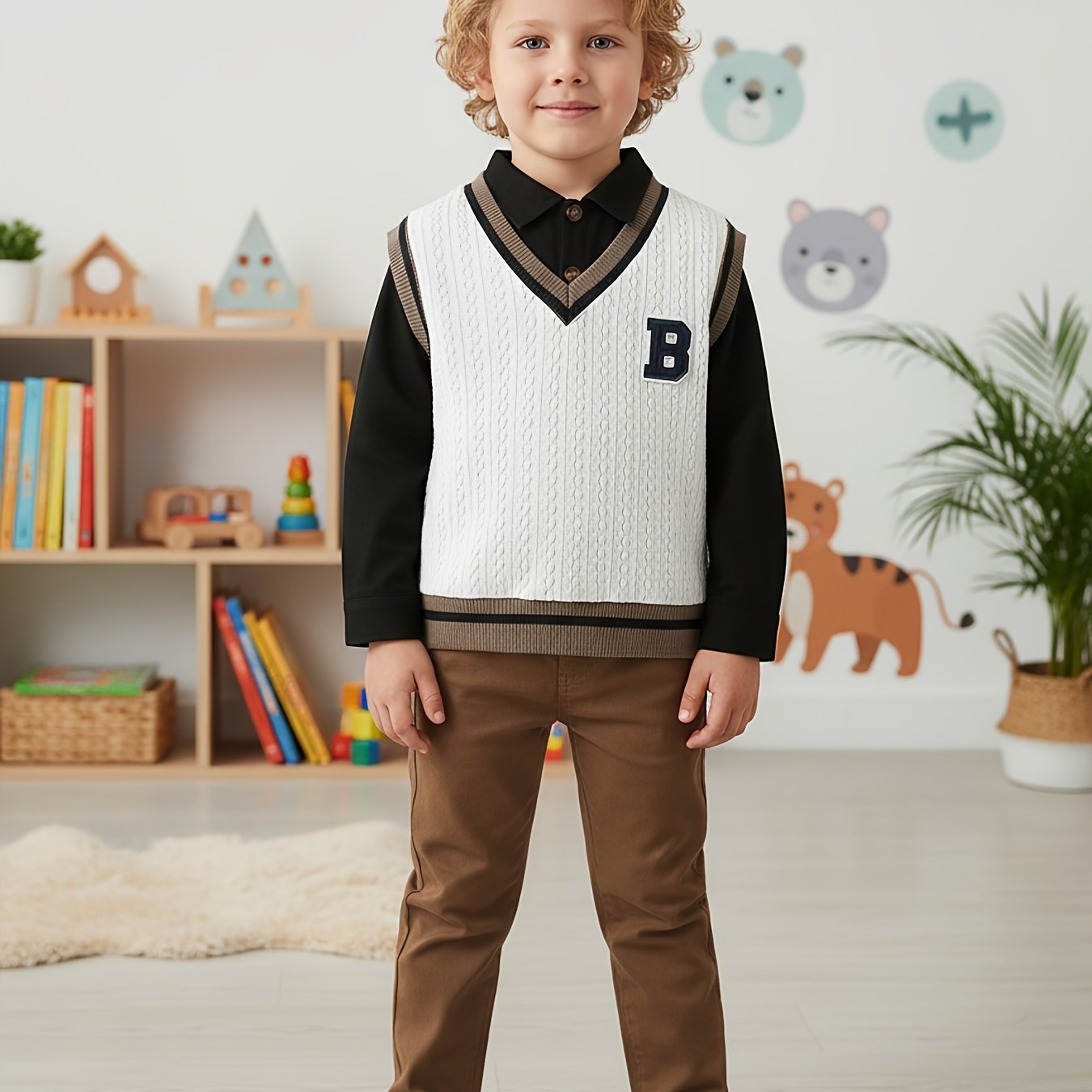 Boys' Autumn V-neck Top + Solid Long-sleeve Jacket + Slim-fit Solid Casual Pants Three-piece Set, Perfect For Outdoor