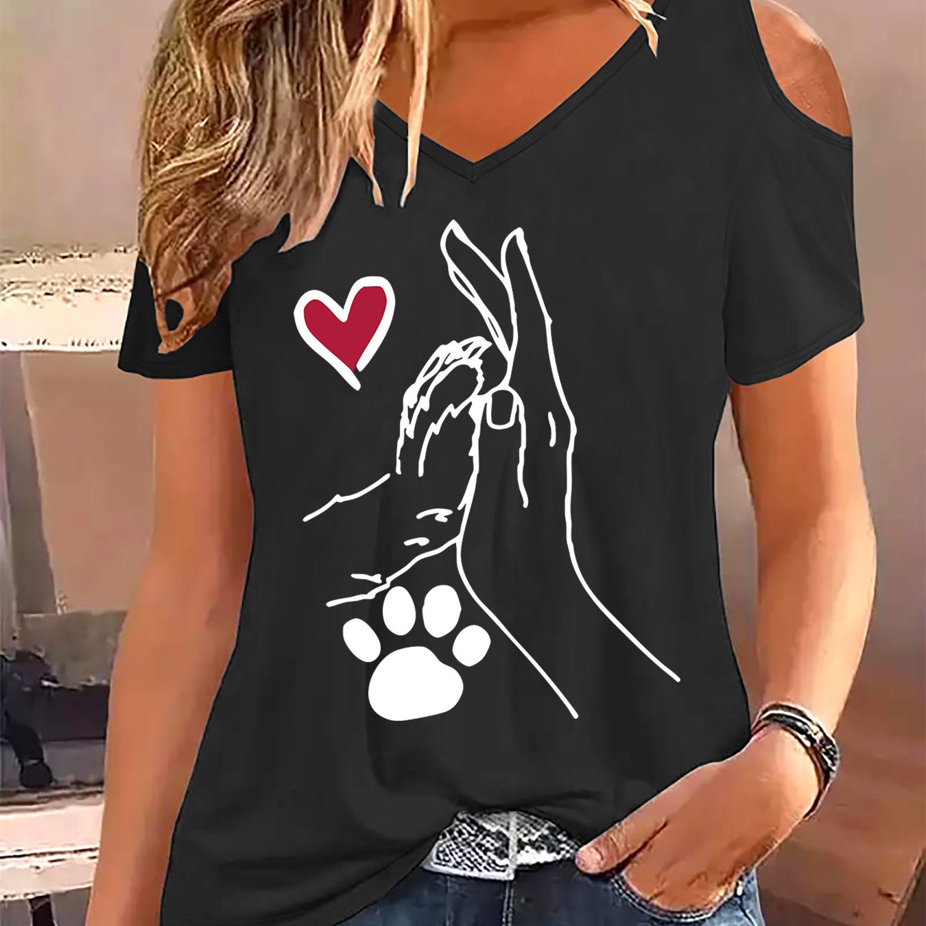 TEMU 4.16 T-shirt de mode féminine, T-shirt à col en V avec motif imprimé, T-shirt court à manches courtes et épaules dénudées pour femmes