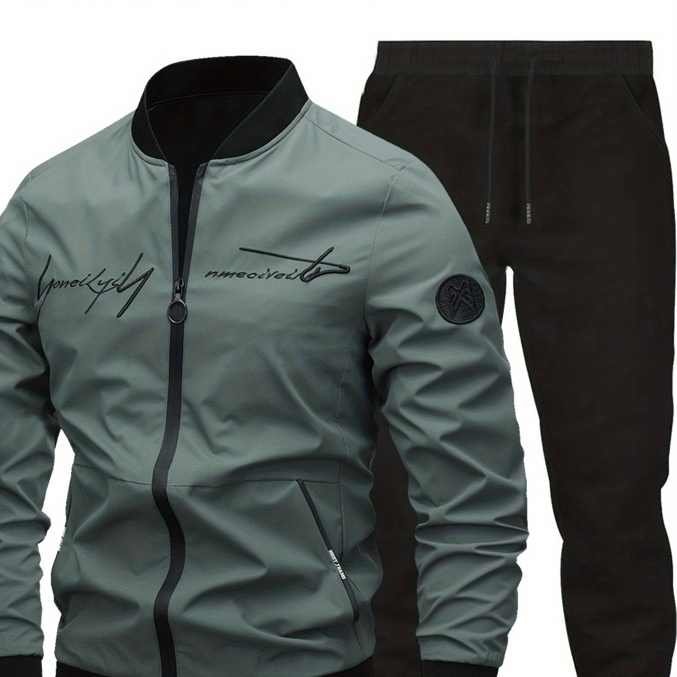 Image of 2pcs Classic Mens Letter Embroidered Jacket And Jogging Pants, Perfect For Outdoor Activities, And Casual Wear