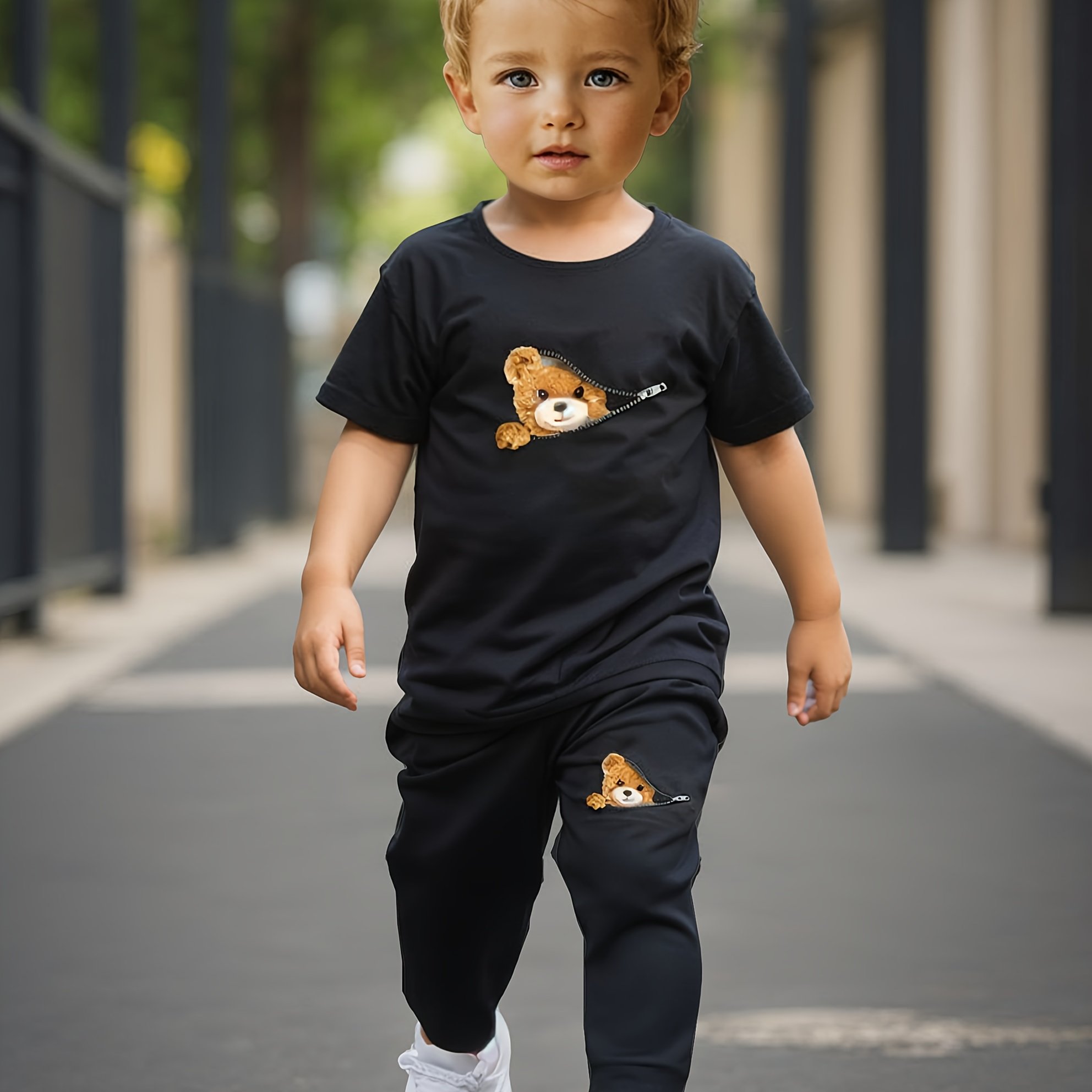 Image of European And American Baby Boy Spring And Summer Zipper Teddy Bear Printed T-shirt+zipper Teddy Bear Printed Pants 2pcs Set [targeted Development], Perfect For Outdoor,christmas,halloween