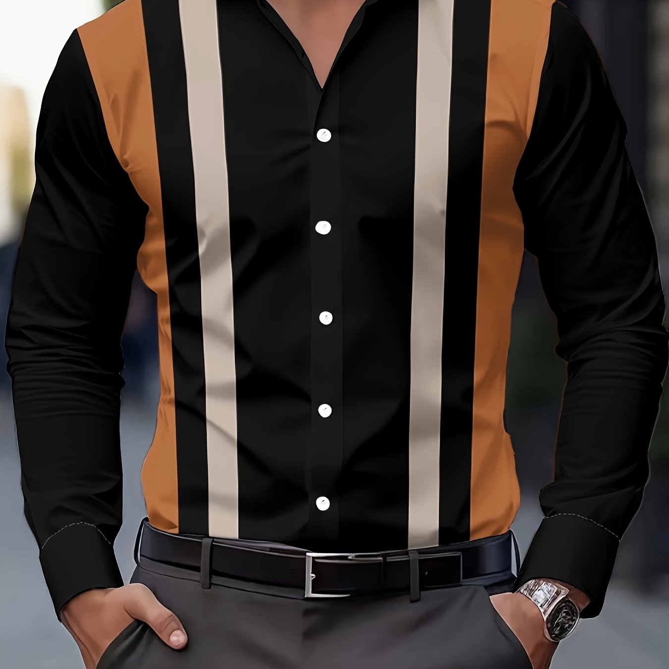 TEMU Men's Casual Striped Long Sleeve Shirt, Polyester, Spring/fall, Regular Fit, Lapel Collar, Button Details, Non-stretch Fabric, 120 G/mÂ² Weaving