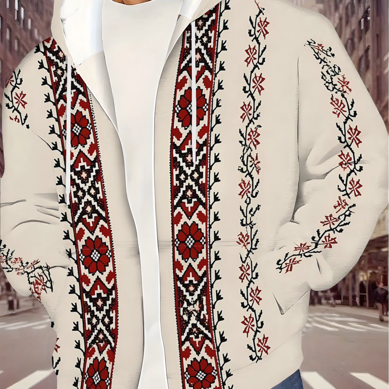TEMU Men's Zip-up Hoodie - Autumn/winter Apparel, Flat Pattern - No Texture, Ethnic Style. Lace Pattern, Washable, Suitable For Travel And Daily Wear