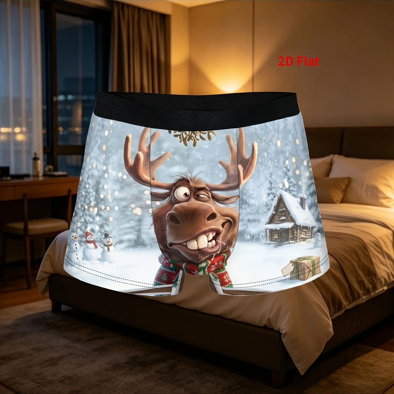 TEMU 1 stuks Grappige Kerst Elfenbeen Winter Kunst Grappig Interessant 2D Plat Gedrukt Onderbroek Ademende Panty Heren Ondergoed Geventileerde Shorts
