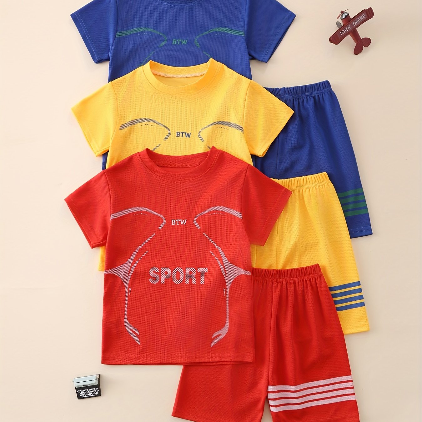 TEMU 6pcs Boys Casual Solid Color Letter Patched Short Sleeve T-shirt & Shorts Set, Comfy Summer Boys Clothes