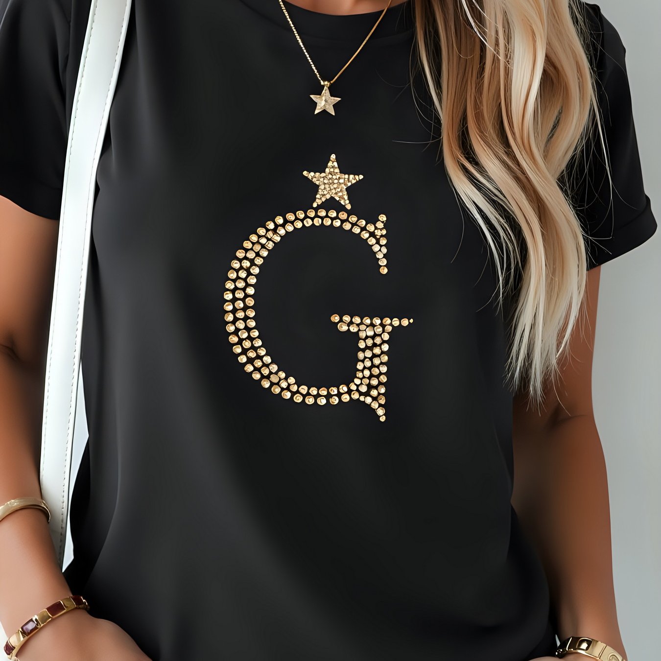 Elegant Black Crew Neck Short Sleeve Graphic T-shirt 180g Rhinestone Letter G With Star Embellishment Party Outfit Perfect Gift Plus Size Women