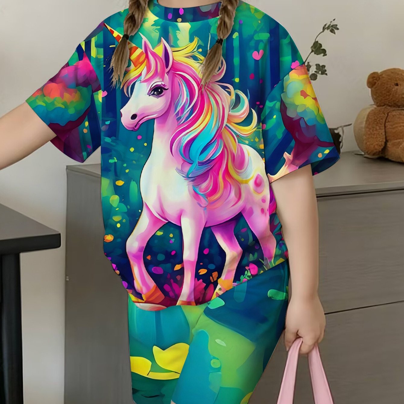 TEMU Unicorn Jungle Print T-shirt And Shorts Set For Girls, Short Sleeve Crew Neck Casual Regular Set, Vintage Cute Unicorn Pattern Girls' Outdoor
