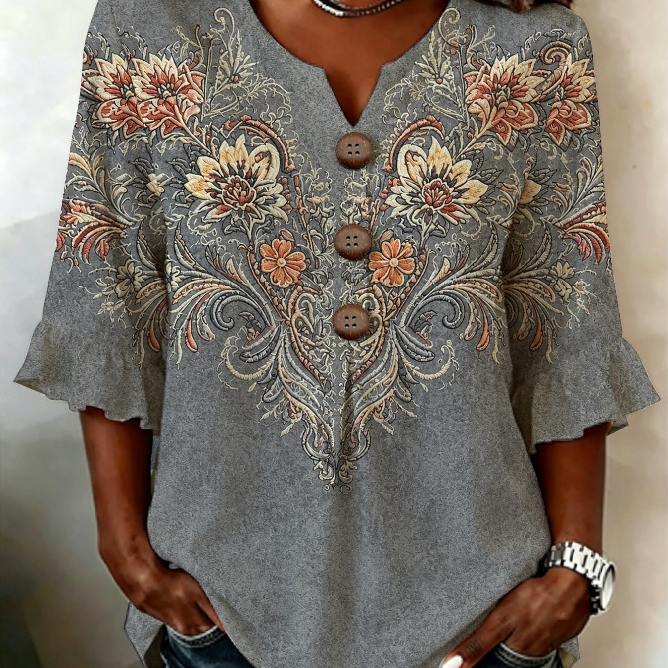 TEMU Fashion Casual Short Sleeve Ruffle Cuff V Neck Button Loose Summer Top Floral Print Women's Outfit For Daily Wear Beach Vacation Suitable For