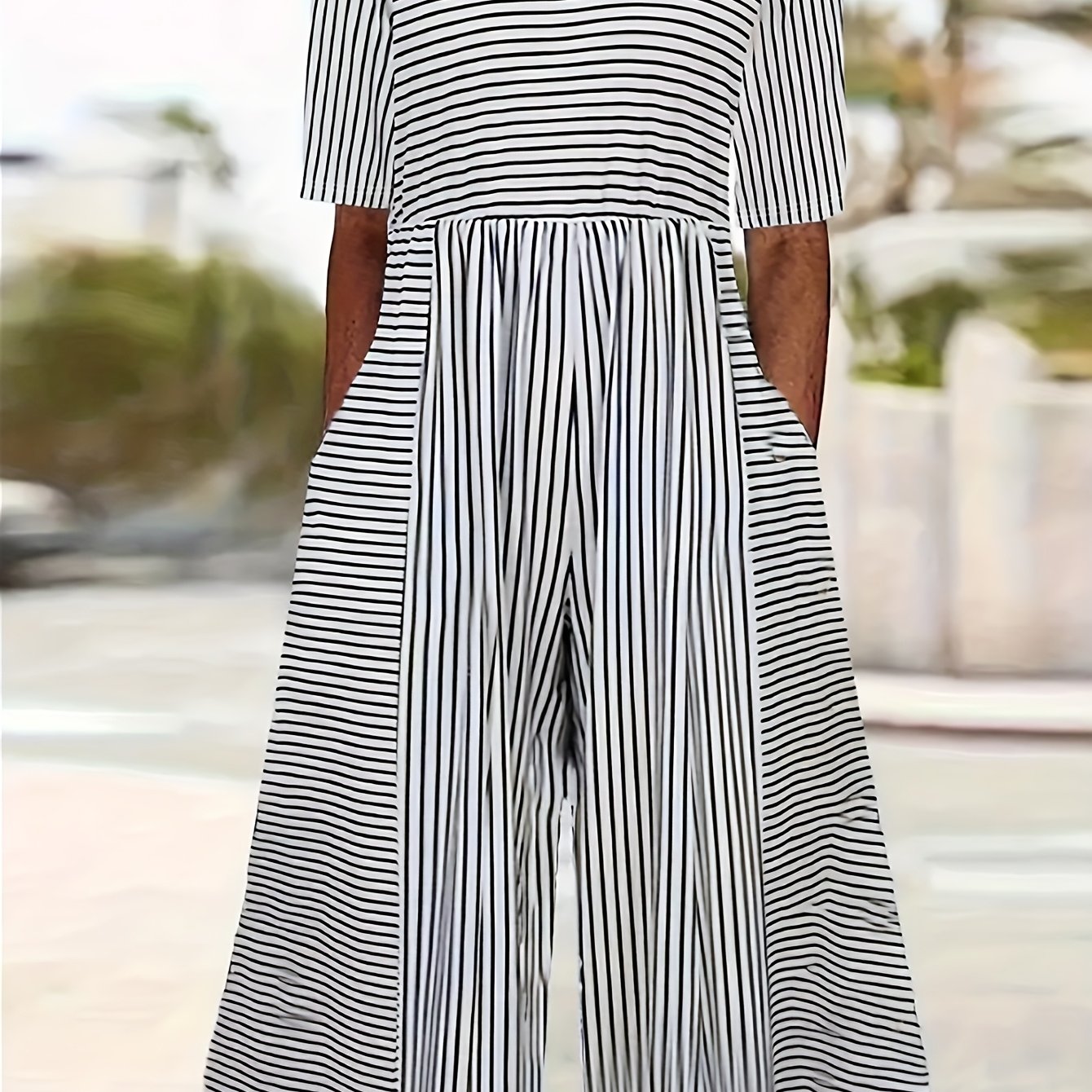 Image of Spring Summer Women's Striped Print Versatile Elegant Style French Short Sleeve Jumpsuit Skirt Pants Loose Casual Wear Suitable For