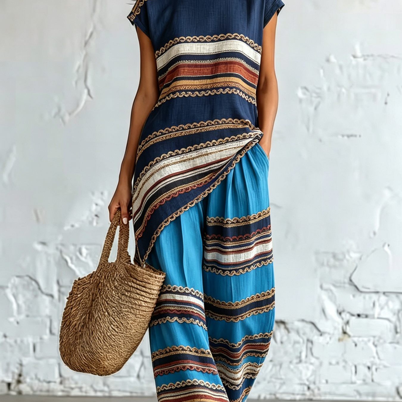 Image of Women's Crew Neck Irregular Hem Top And Pants Two-piece Set | Casual, Elegant, And Minimalist , Easy, , And Fashionable. Ideal For Daily And Casual Vacations And Summer