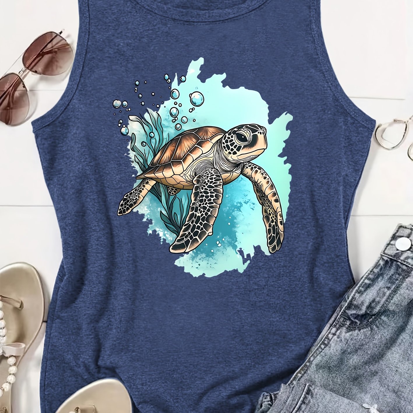 TEMU Women's Retro Sea Turtle Graphic Sleeveless Tank Top - Vibrant Print, Breathable Round Neck Summer Top, Machine Washable Casual Beachwear For