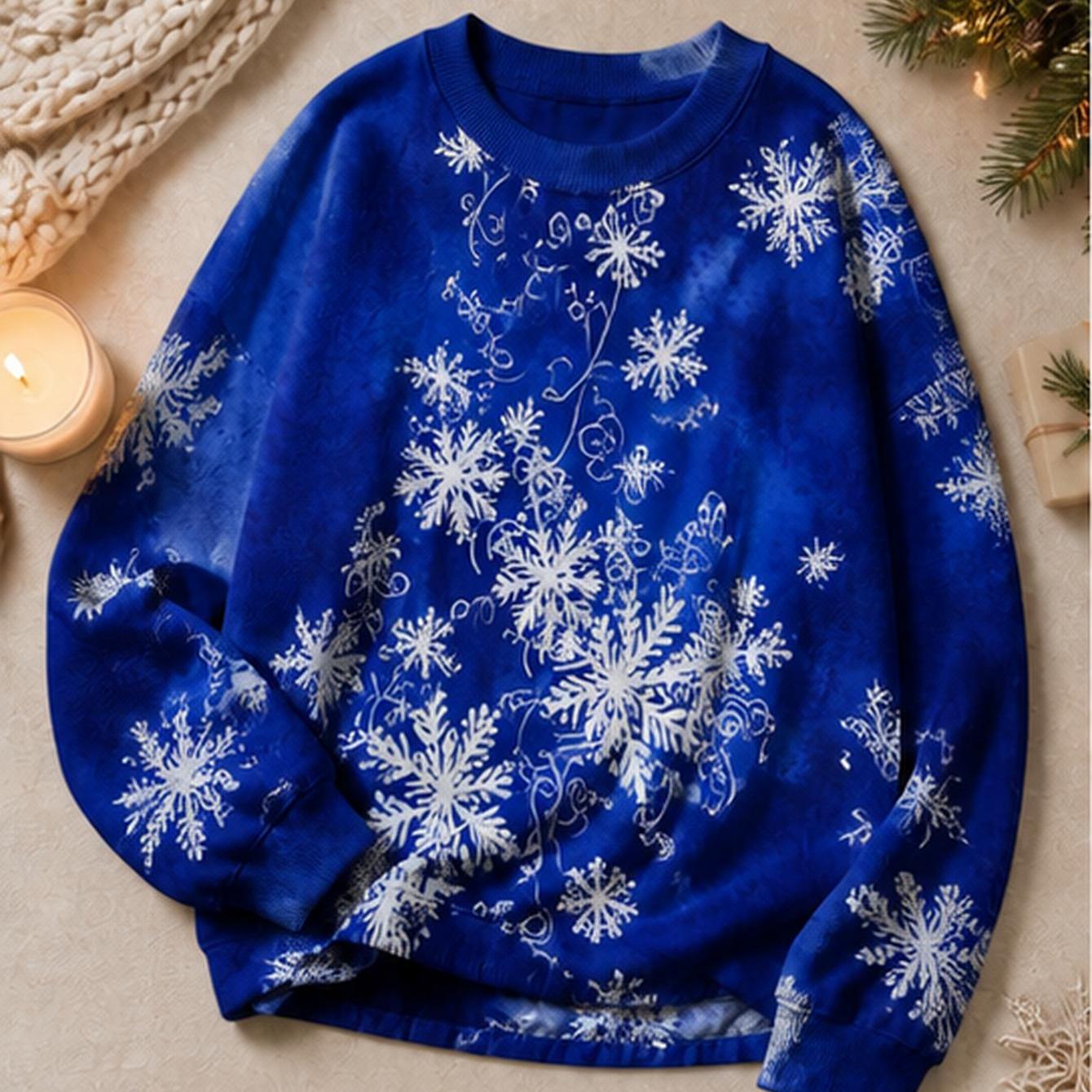 Image of Plus Size Elegant Women's Christmas Round Neck Pullover Sweater Blue Snowflake Print Crewneck Sweater For Wear Long Sleeve Ribbed Loose For Fall Winter Xmas Outfit