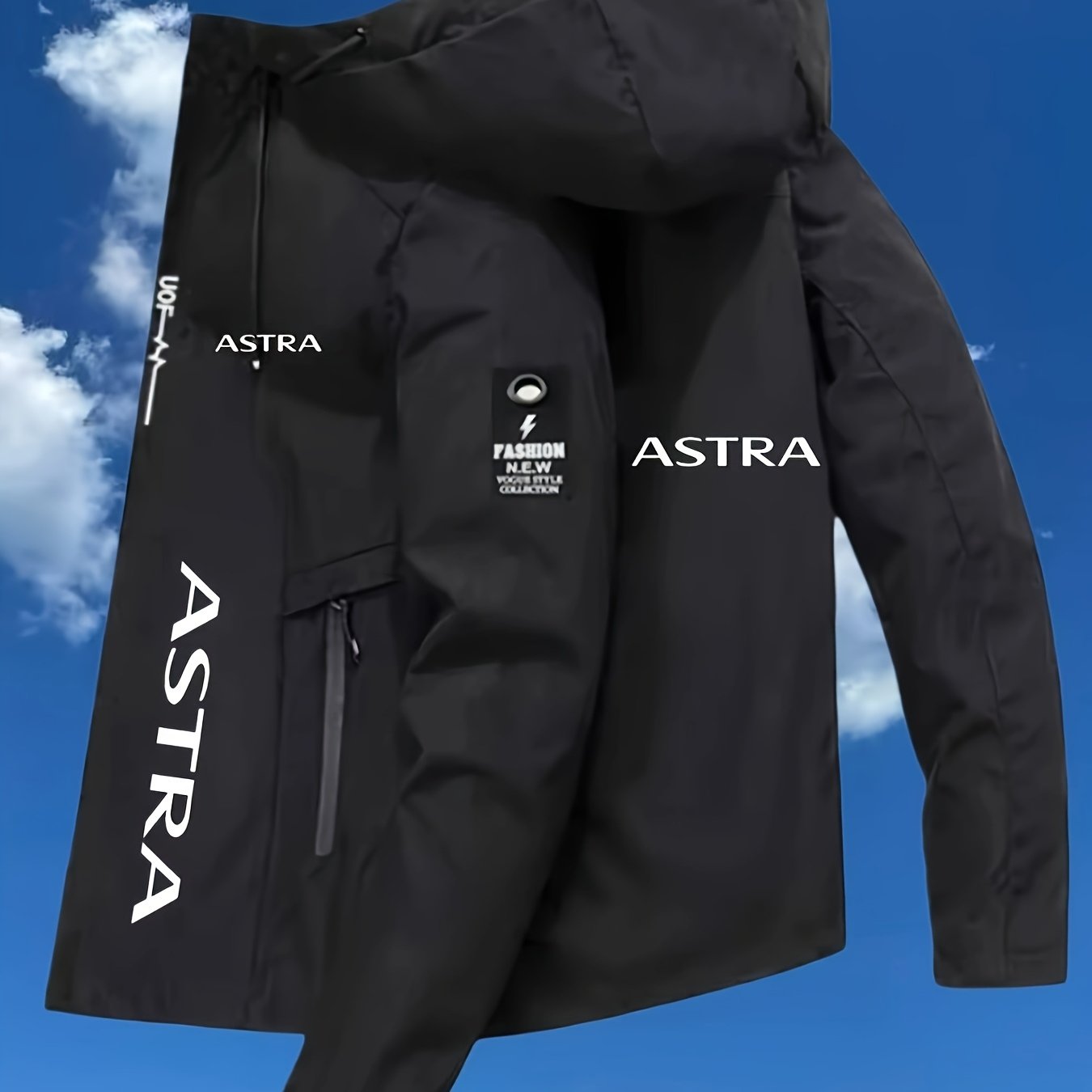 TEMU Men's Letter Print Lightweight Hooded Jacket, Zipper Closure, Windproof Design, 100% Polyester Lightweight Fabric, Multiple Pockets And