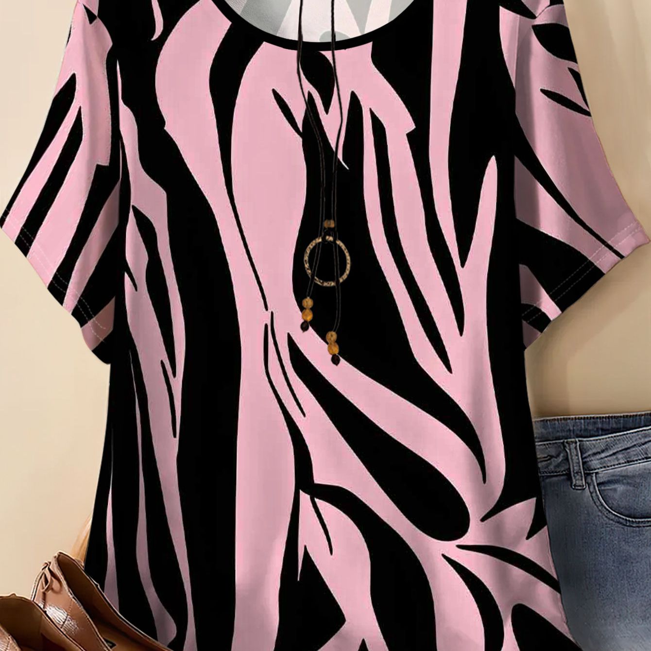 TEMU Women's Plus Size Round Neck Pink Zebra Print Loose Short Sleeve Top, Summer Fashion Printed T-shirt, Casual Versatile Style