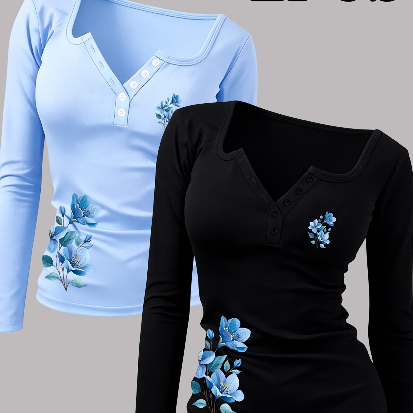 TEMU 2pcs Floral Print Women's Hot Outfit, Button-up Sexy Round Neck Long Sleeve T-shirt, A Revealing
