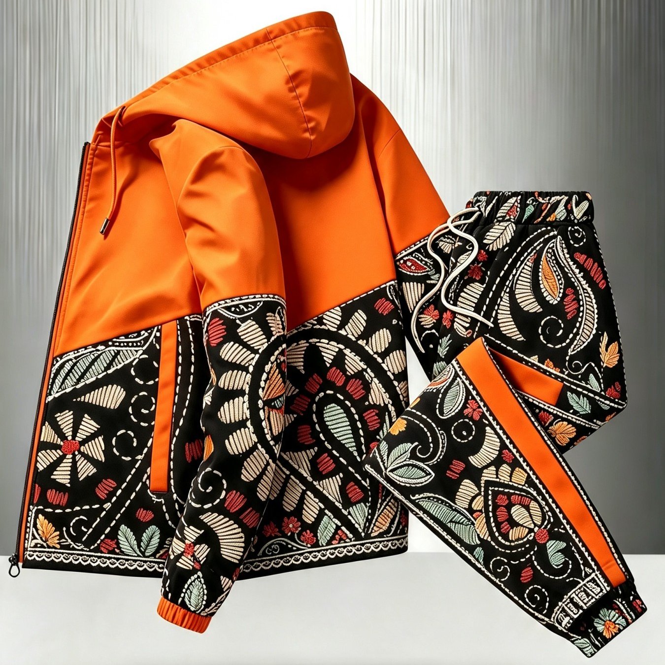 Image of Unisex Hooded Tracksuit Set, Two-piece Jogging Outfit, Color-block Hooded Jacket, Printed Sports Set, Casual Zip-up Hoodie And Casual Long Pants, Gift For Guys