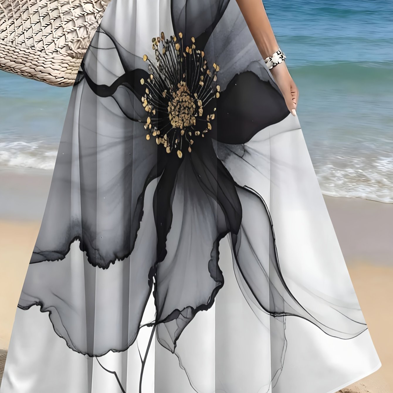 TEMU Women's Spring Summer Ink Style Floral Print Skirt, Beach Vacation Versatile Casual A-line Skirt
