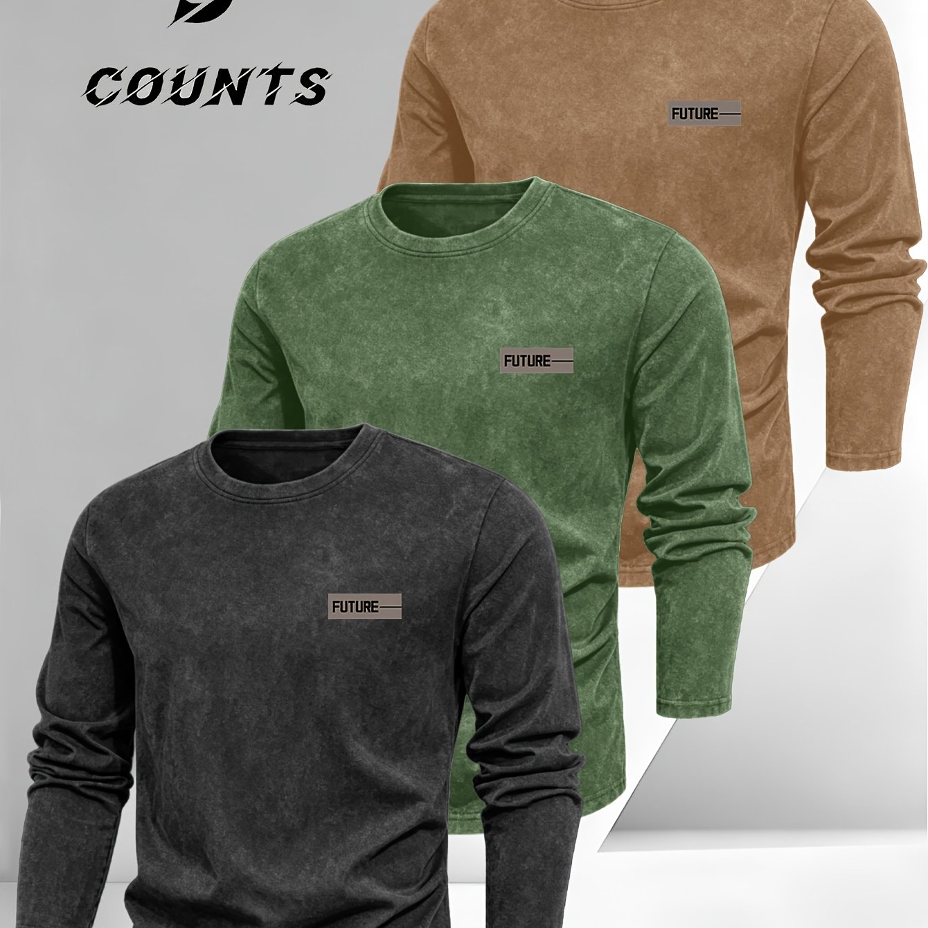 TEMU 3pcs Set American Distressed Long Sleeve Men's Small Label Minimalist Print, Men's Spring Autumn Inner Casual All-match Round Neck Long Sleeve