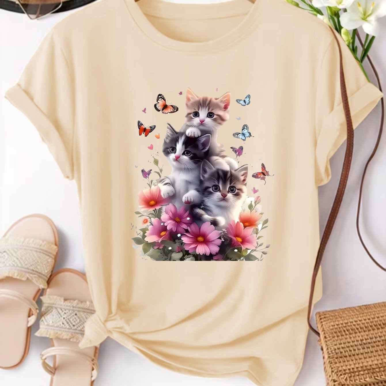 TEMU Cat Floral Pattern Print, Women's Round Neck Short Sleeve Casual Athletic T-shirt, Summer Beach Vacation, Daily Wear And Travel Essential