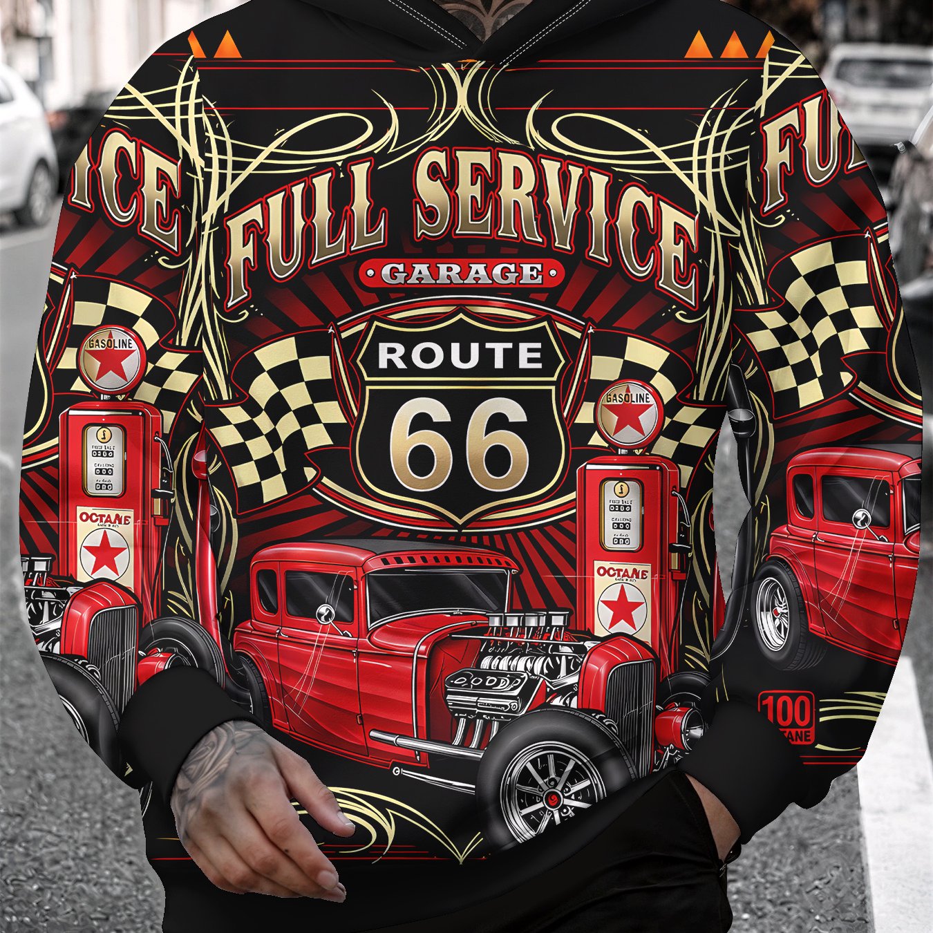 TEMU Men's 3d Printed Hoodie With Vintage Pattern Of Old Cars, Gas Stations, And Black-and-white Checkered Flags Along Route 66, Breathable Casual