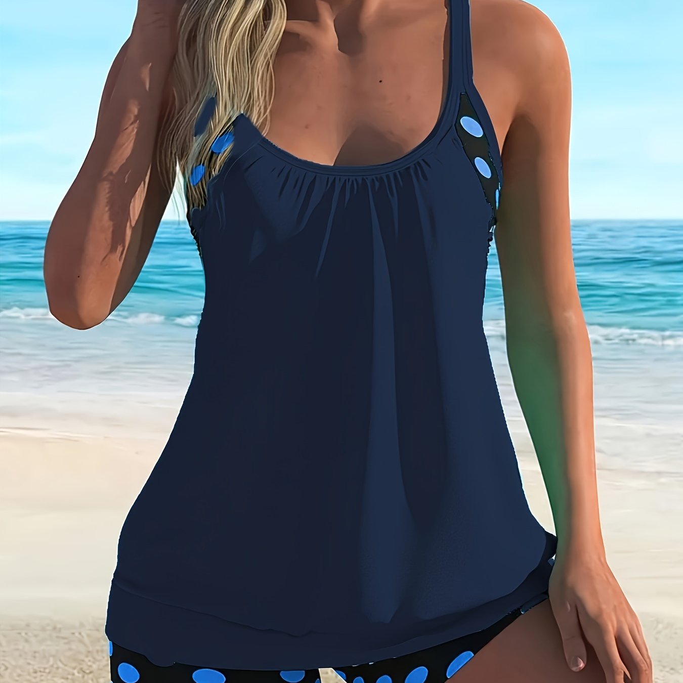 Women's Tankini Conservative Split Skirt Navy Blue Solid Color Swimsuit Fashion Tummy Control