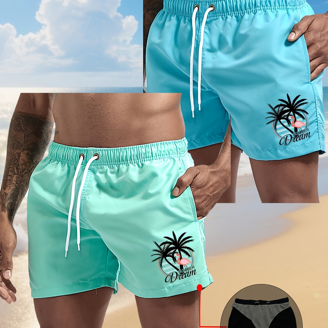 TEMU 2-pack Gym Workout Men's Flamingo Print Swim Shorts With Elastic Drawstring Waist - Lightweight Quick-dry Board Shorts Suitable For Surfing,
