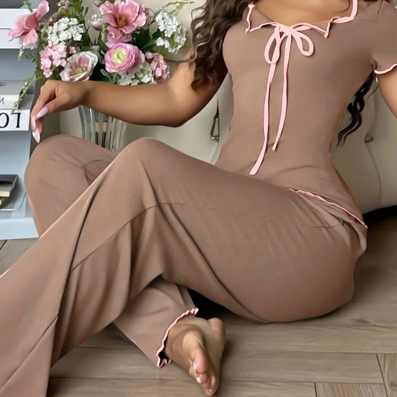 Image of Labeled Women's Spring And Autumn Four-season Pajamas Women' Color Slim Fit Comfortable Two-piece Short-sleeved Long Pants Worn Outside Home Women's Suit