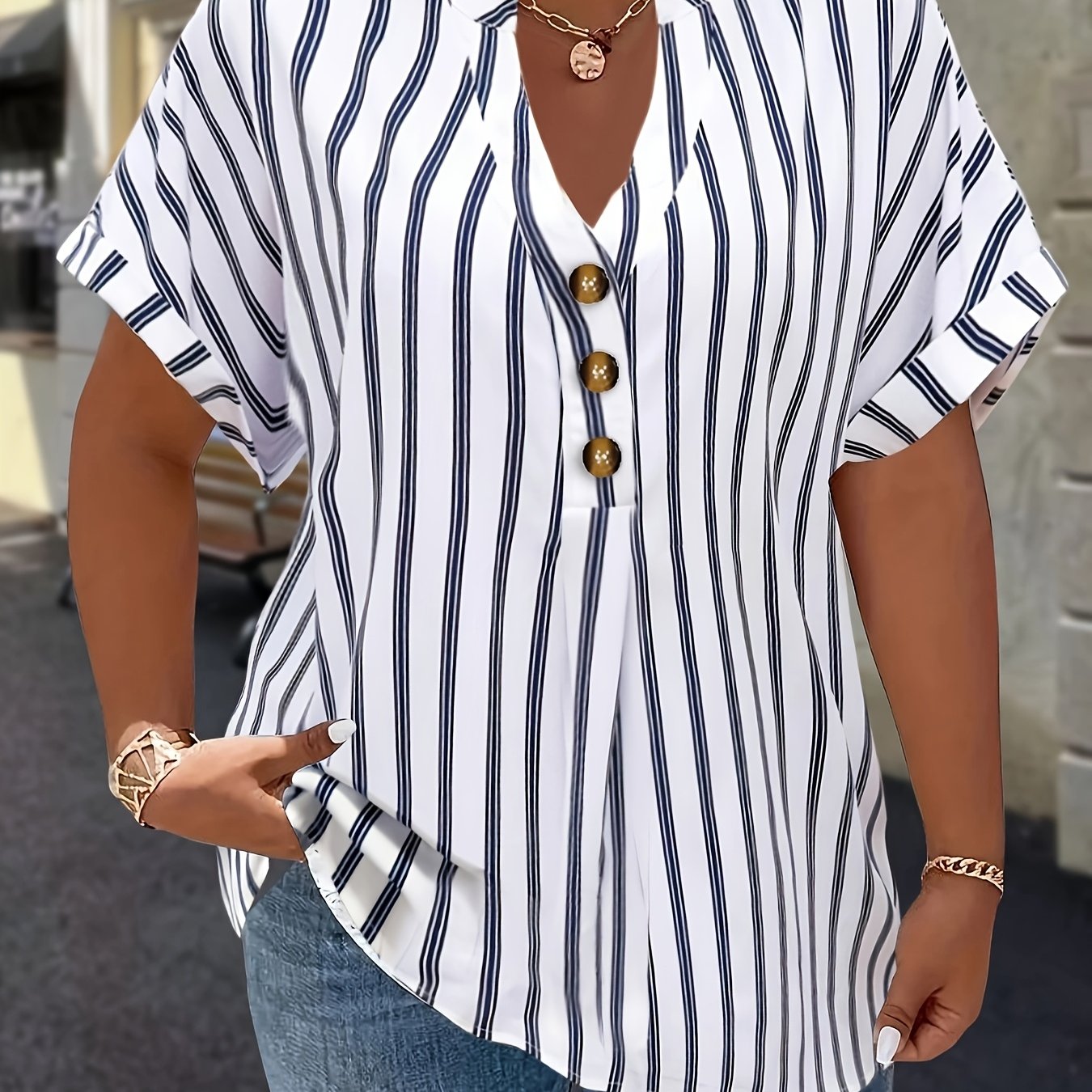 TEMU Plus Size, Hot Plus Size Women's Shirt With Striped Raglan Sleeves, Fold-over Collar And Decorative Buttons Elegant Style Blouse