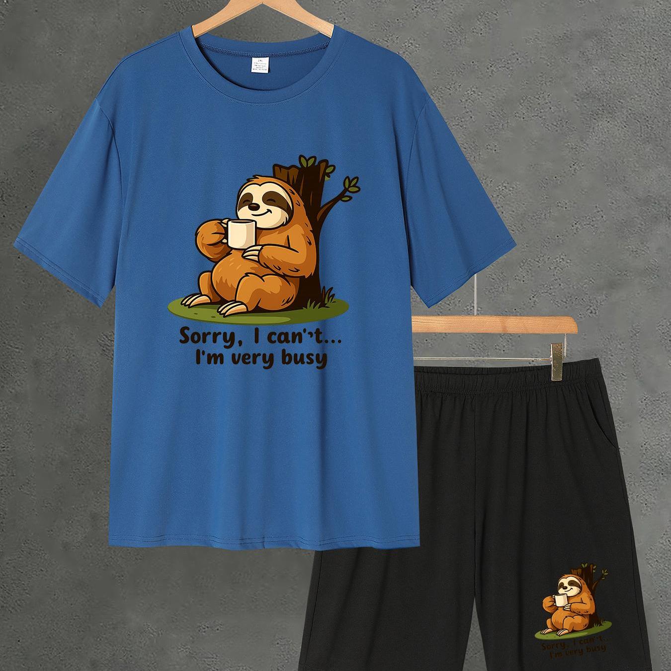 TEMU Men's Plus Size Short Sleeve Short Shorts Set Lazy Sloth Casual Short Sleeve Outfit, Fun Busy Cartoon Sleepwear Set Summer Fashion Outfit