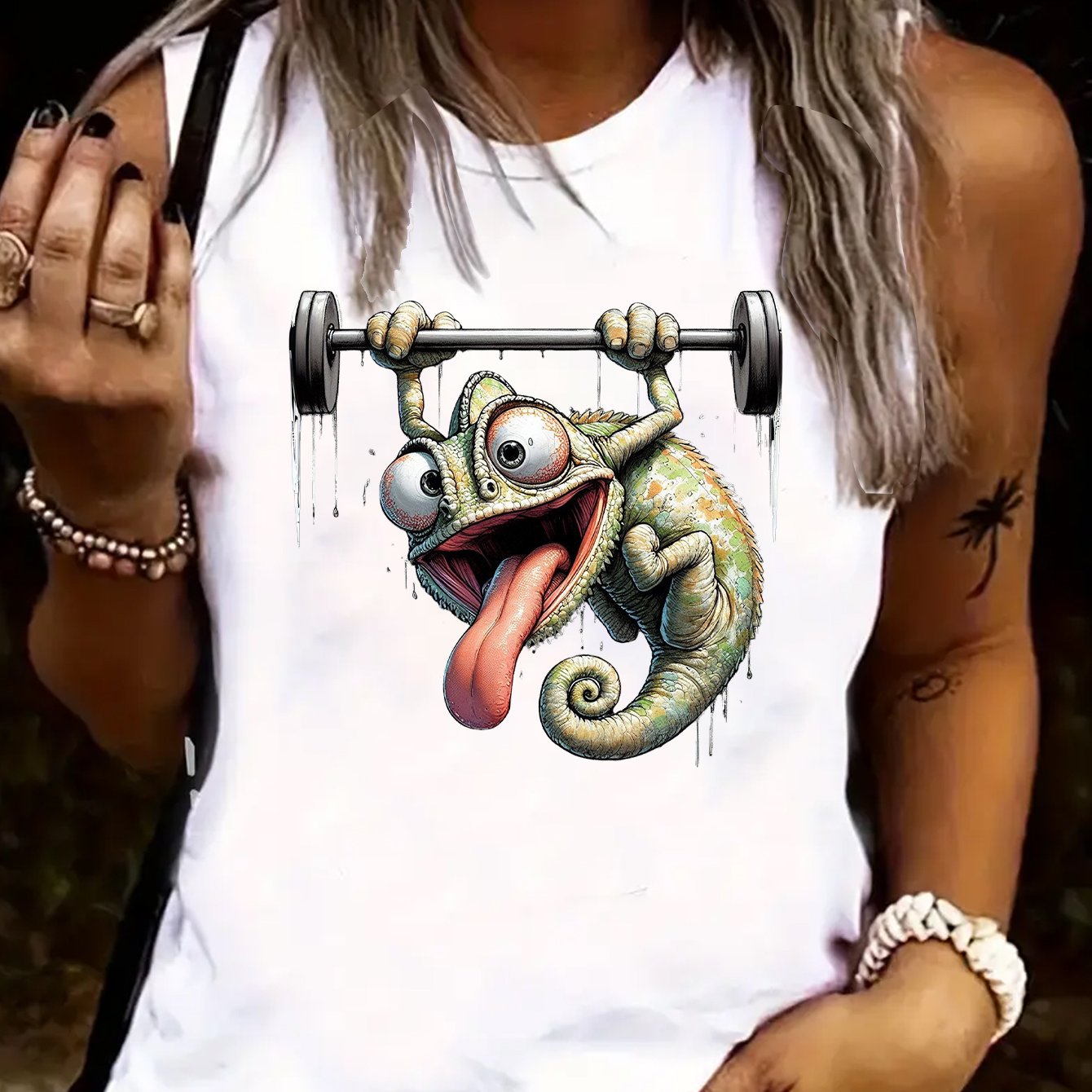 TEMU Y2k, 90s, Soft And Comfortable, A -themed Cartoon Animal Chameleon Lifting Weights Print Hot Outfit, Casual, Soft And Cozy, Elegant Women's