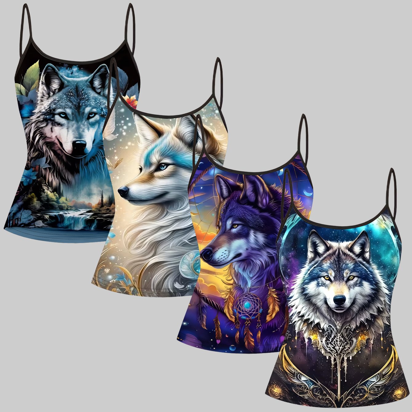 TEMU Plus Size, 4pcs (and Plus Size!) Women's Full-body Wolf Print Sleeveless - Summer & - Breathable Blouses, Curve-flattering For Larger Sizes,