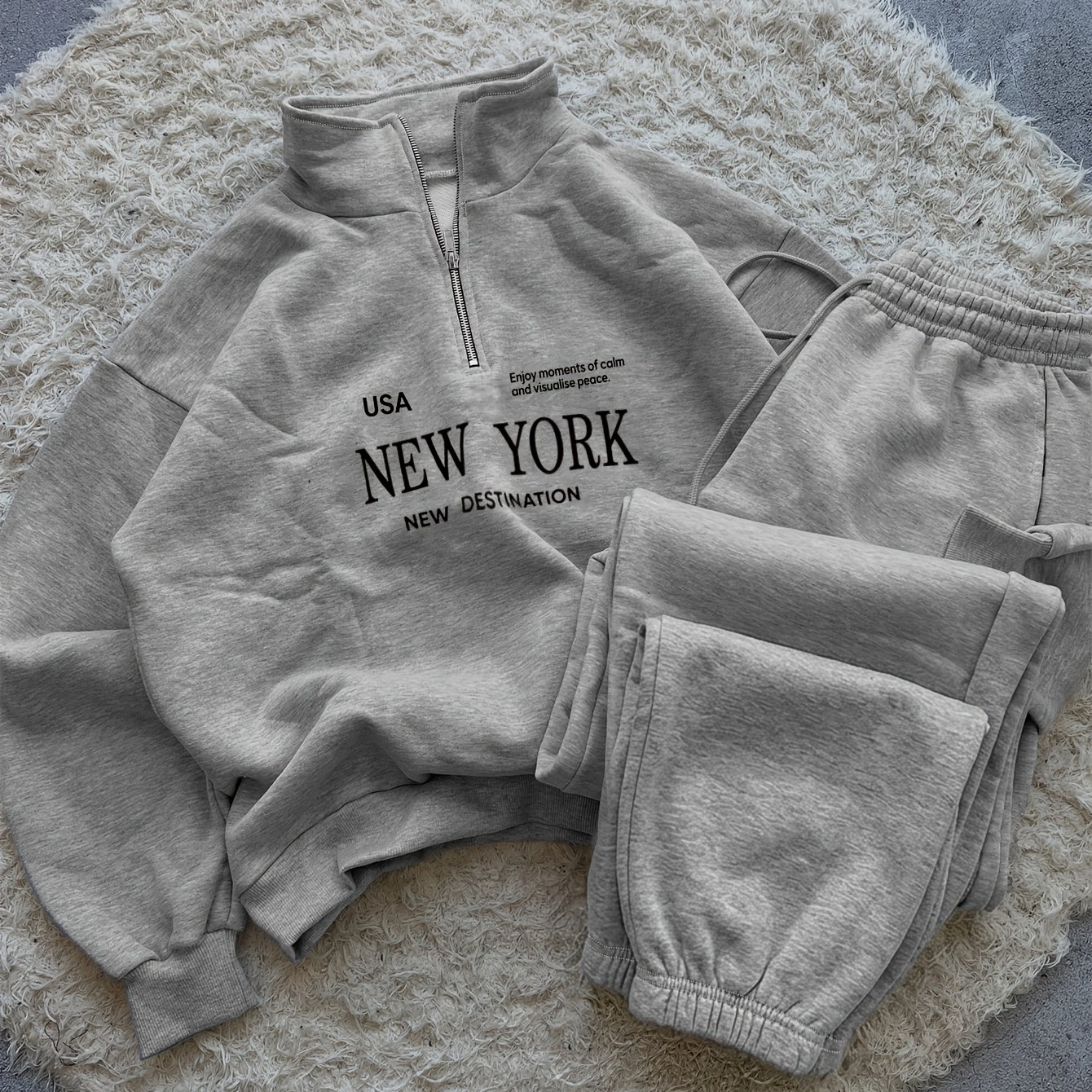 TEMU Women's 2pcs Set: Collar Zipper Oversized Long Sleeve Sweatshirt And Elastic Waist Drawstring Pocket Ankle-cinching Pants, Pb-1871