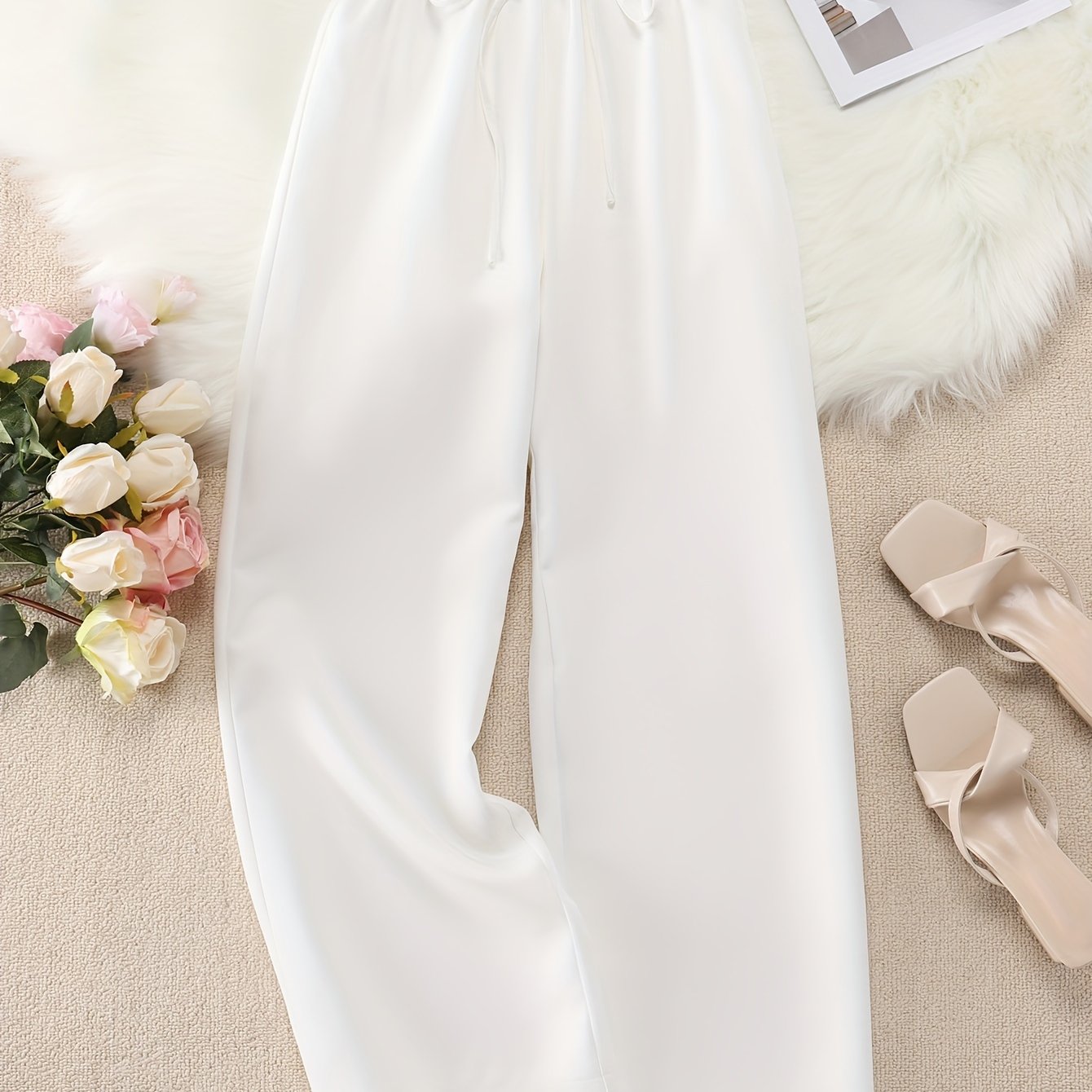Women' Color Paper Bag Waist Long Pants
