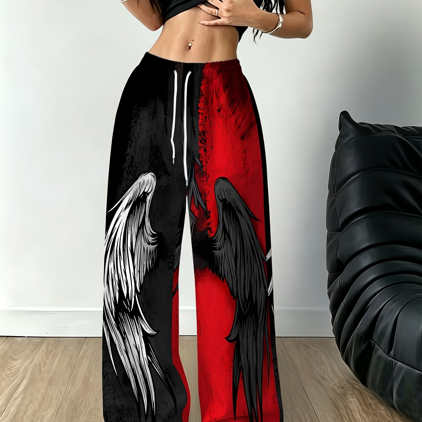 TEMU Printed Design - Not Textured Women's Casual Pants, Half- Half- Print Pants, Niche Style, Suitable For Daily Commuting, Shopping, And Short