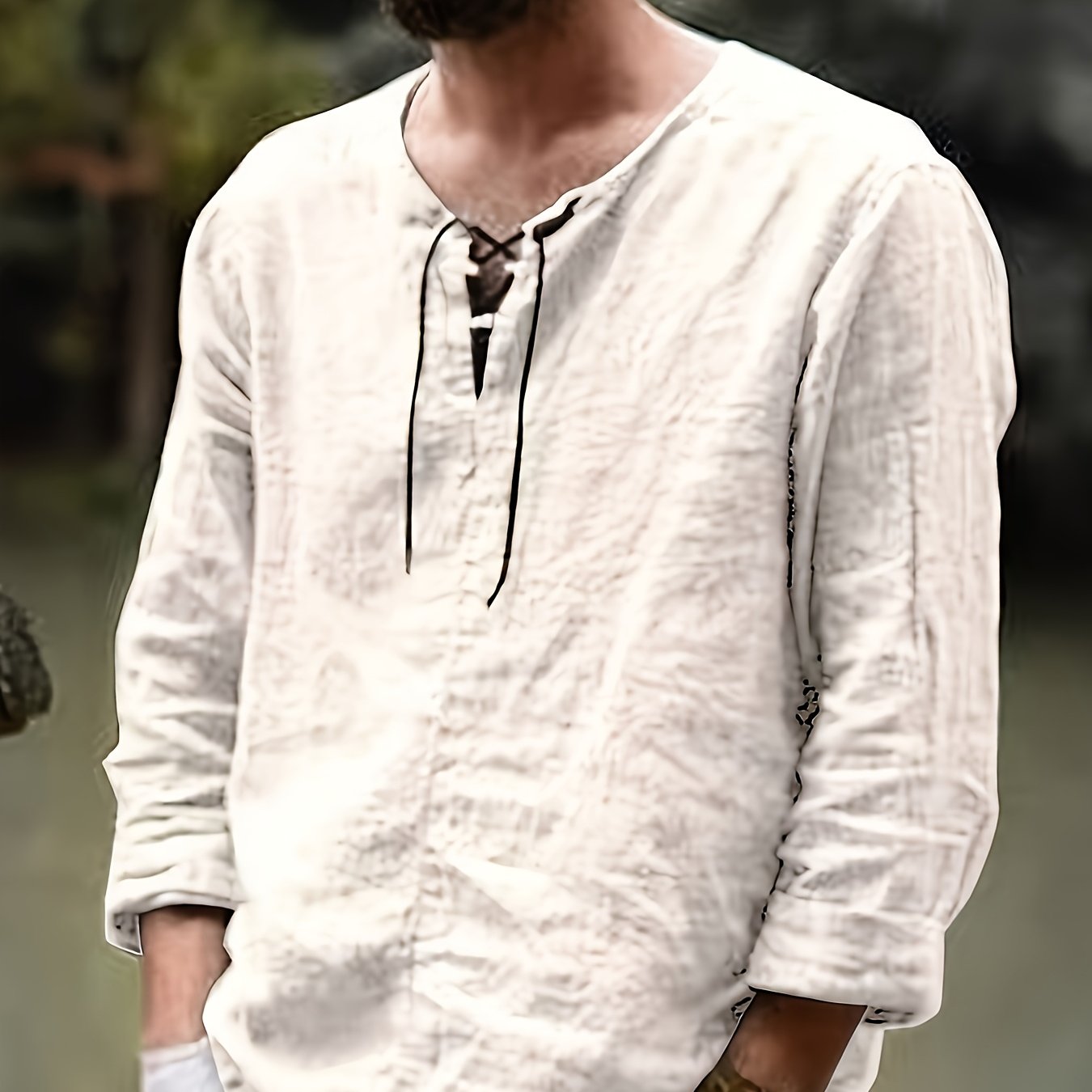 Image of Men's Henry And And Linen Blend Long-sleeved Shirt Fashion Hippie Casual Beach T-shirt Conventional Drawstring Shirt