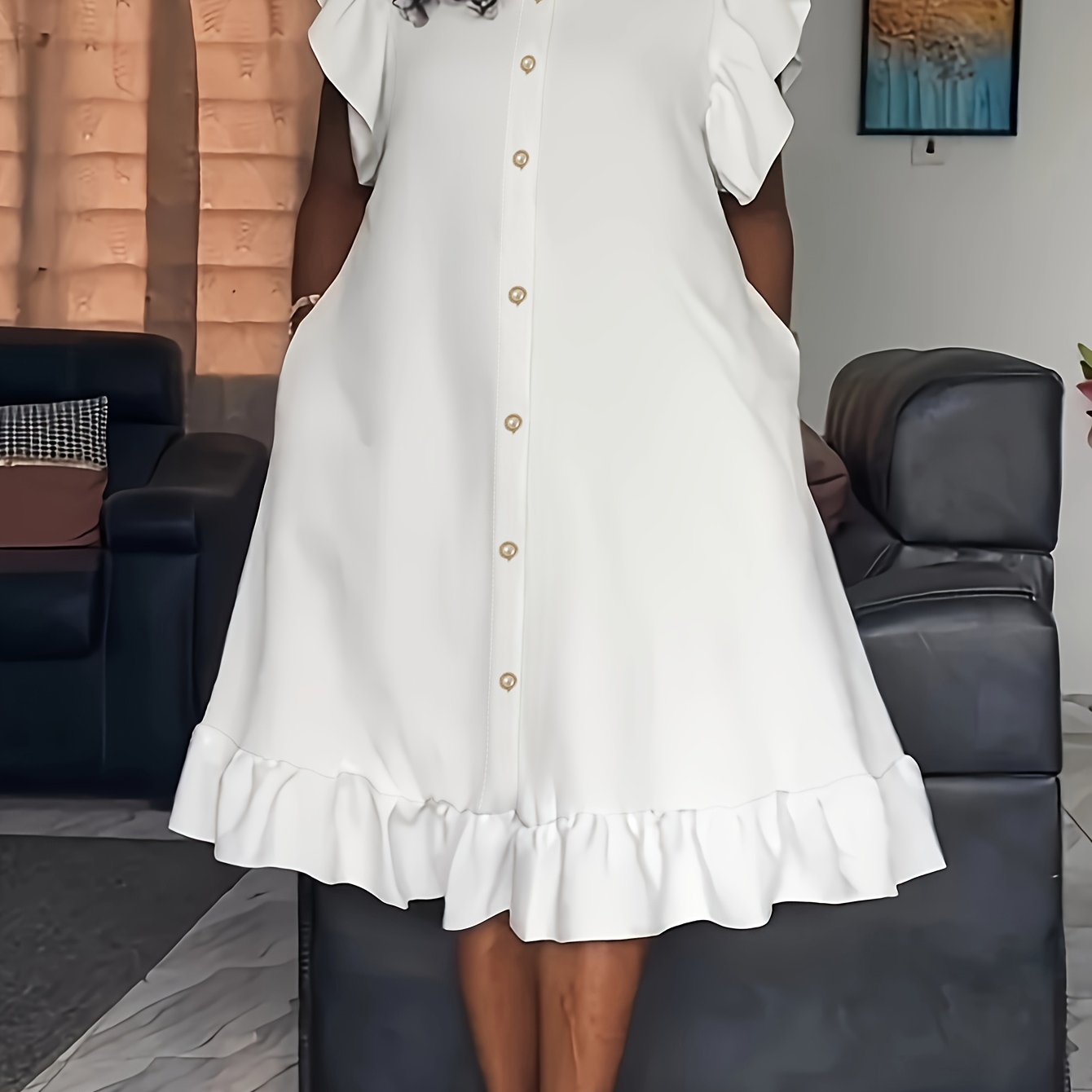 TEMU Stylish Ruffle Sleeve Button-front Midi Dress With Pockets, 100% Polyester, Non-stretch Fabric - Machine Washable, Leaves Edge, Plus Size