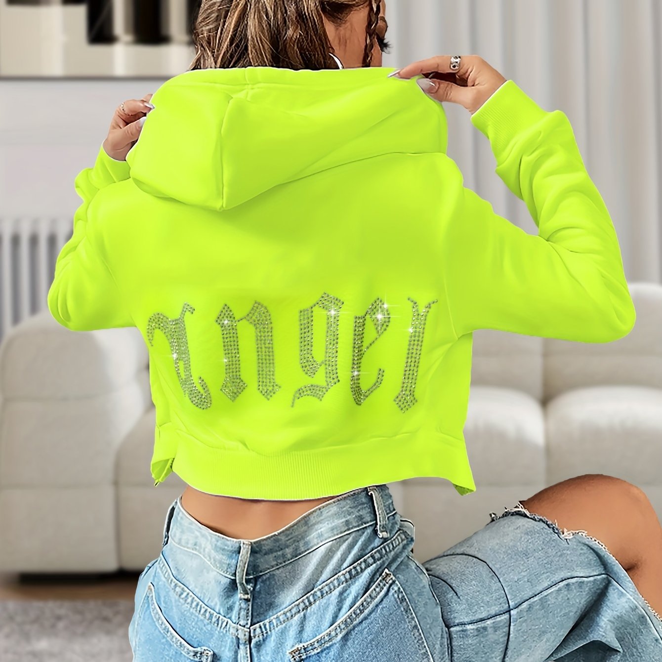 TEMU Chic Rhinestone Letter Hoodie For Women - Stretchy Polyester & Elastane Blend, Spring/fall