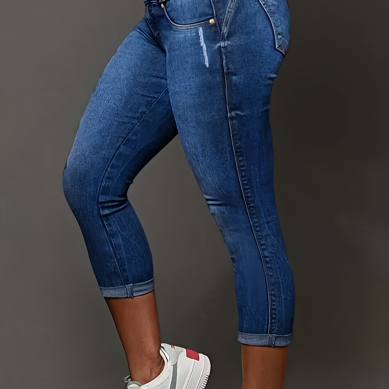 Dark Blue High-waisted Button-up Skinny Cropped Jeans For Women, Featuring High Elasticity For A Flattering Fit, Rolled , Wear In A Trendy Style
