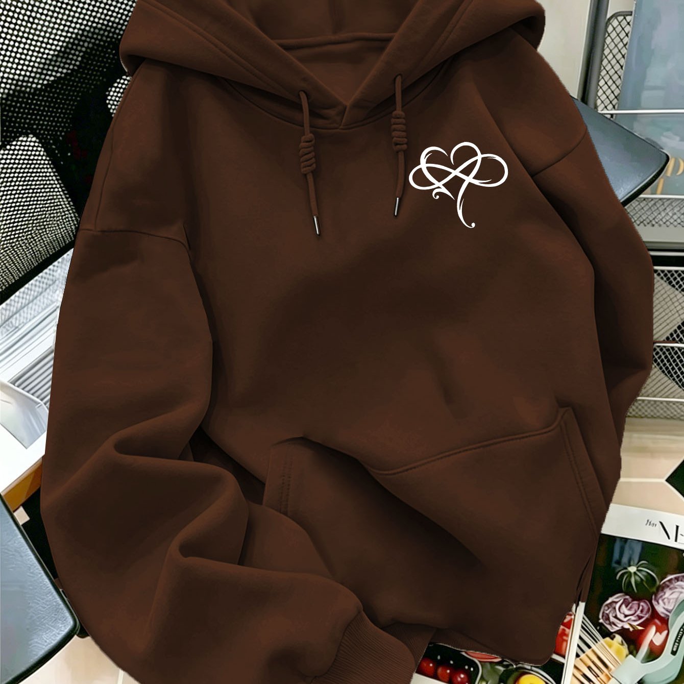 TEMU Autumn Winter Trendy Fashion Drawstring Hooded Sweatshirt, Heart And Infinity Symbol Decorative Print, Romantic , Hooded With Drawstring Design,