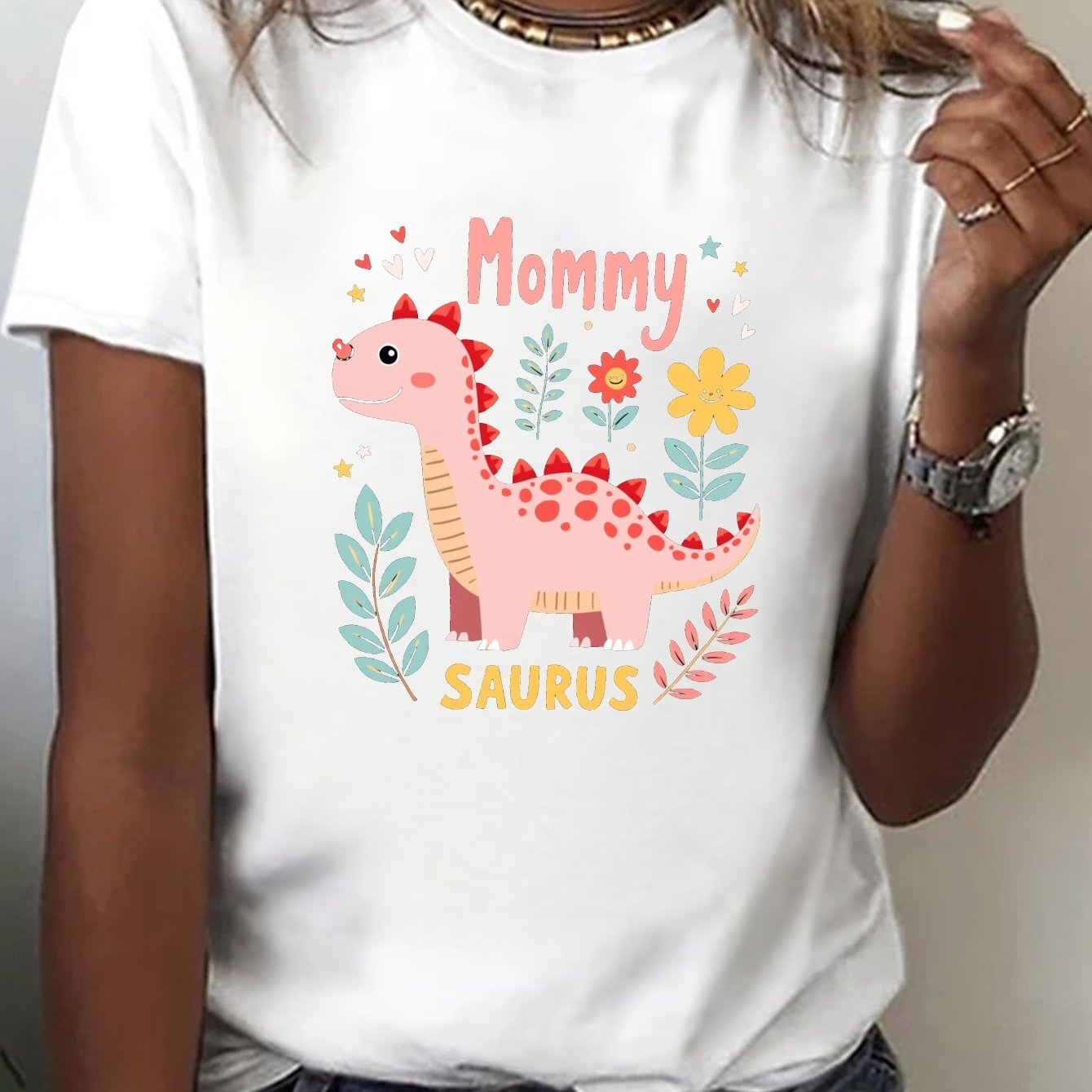 TEMU Mommy Print T-shirt, Short Sleeve Crew Neck Casual Top For Summer & Spring, Women's Clothing
