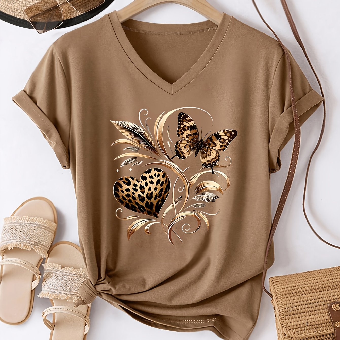 TEMU Women' Print V-neck T-shirt - Lightweight Short Sleeve Blouse Suitable For Casual, Sporty & Casual Attire, Spring Summer Stretchy Non-sheer Top