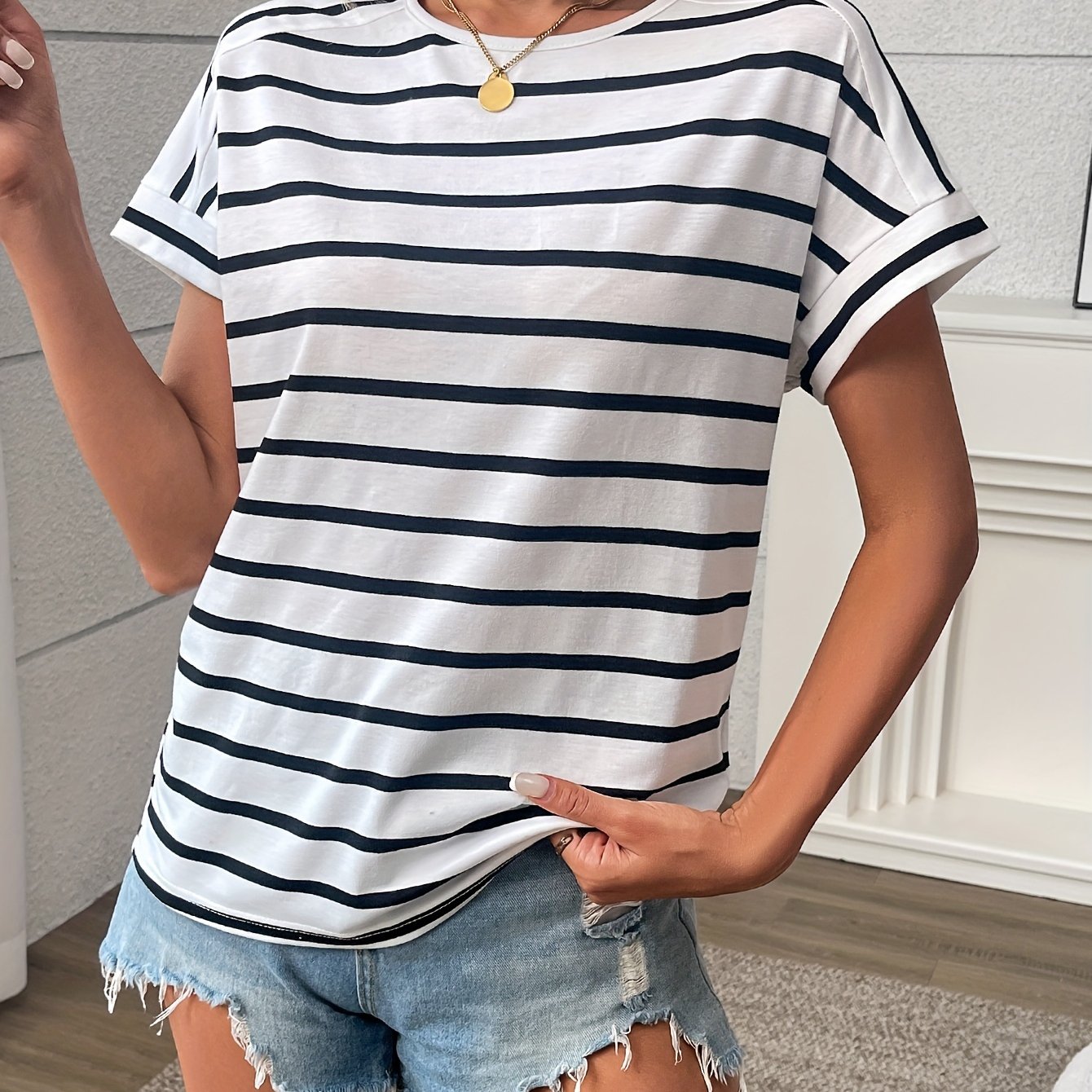 TEMU Striped Crew Neck T-shirt, Short Sleeve Casual Top For & Summer, Women's Clothing