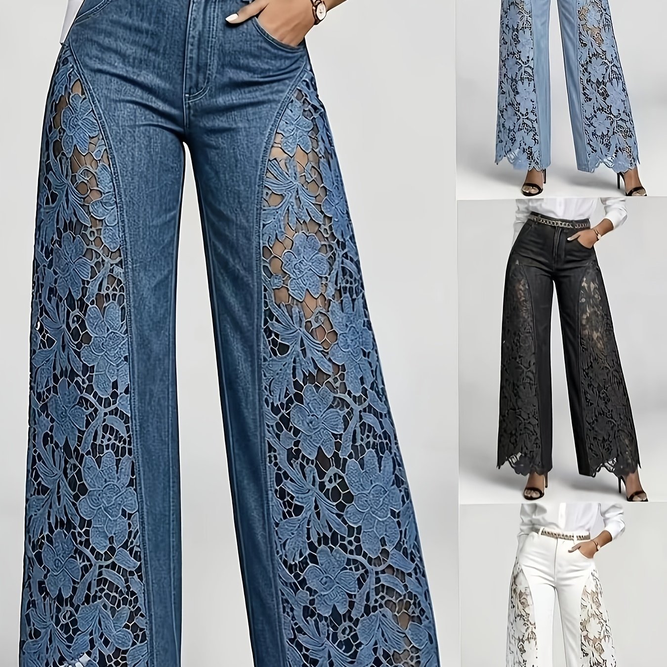 TEMU Women's Fashion High-waist Wide-leg Trousers, Stylish, Elegant, And Versatile For Spring And Summer. Denim Pants With Hollow Lace Splicing And