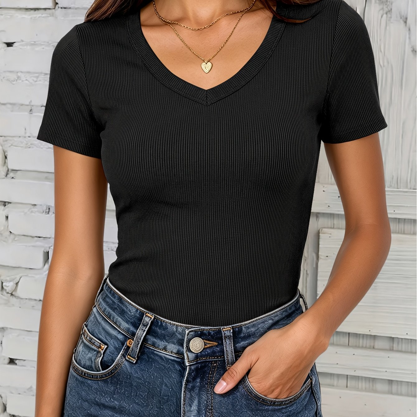 TEMU Women's Elegant Ribbed V-neck Short Sleeve T-shirt, Beautiful T-shirt, Summer Top, Summer T-shirt, Short Sleeve T-shirt, Women's Body Suit,