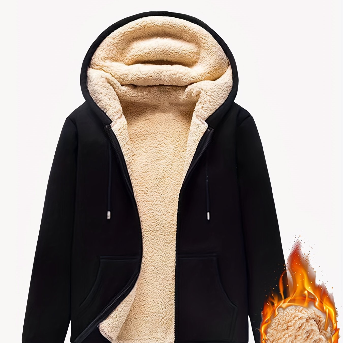 TEMU Fleece-lined Thick Warm Inner Top With Hood Men's Fleece-lined Thick Jacket Fashion Fleece-lined Gray Hooded Sweatshirt Winter Trendy Warm