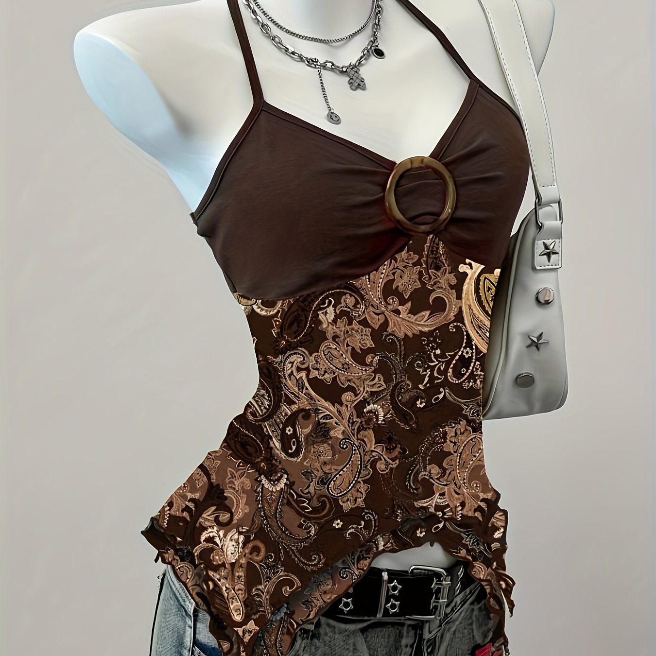 E-shop Y2K Vintage Paisley-Druck Camisole für Damen, Rundring-Dekoration Unregelmäßiger Saum Süß-Würzig Slim Fit Unterkleidung, Würziges
